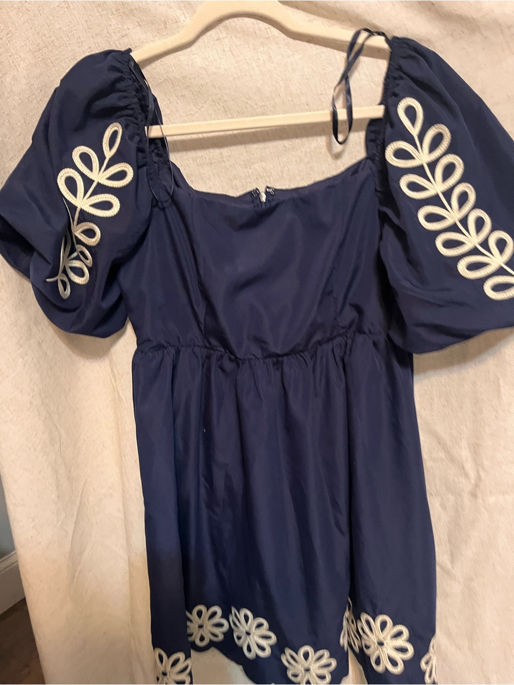 Navy Embroidered Puff-Sleeve Women’s dress